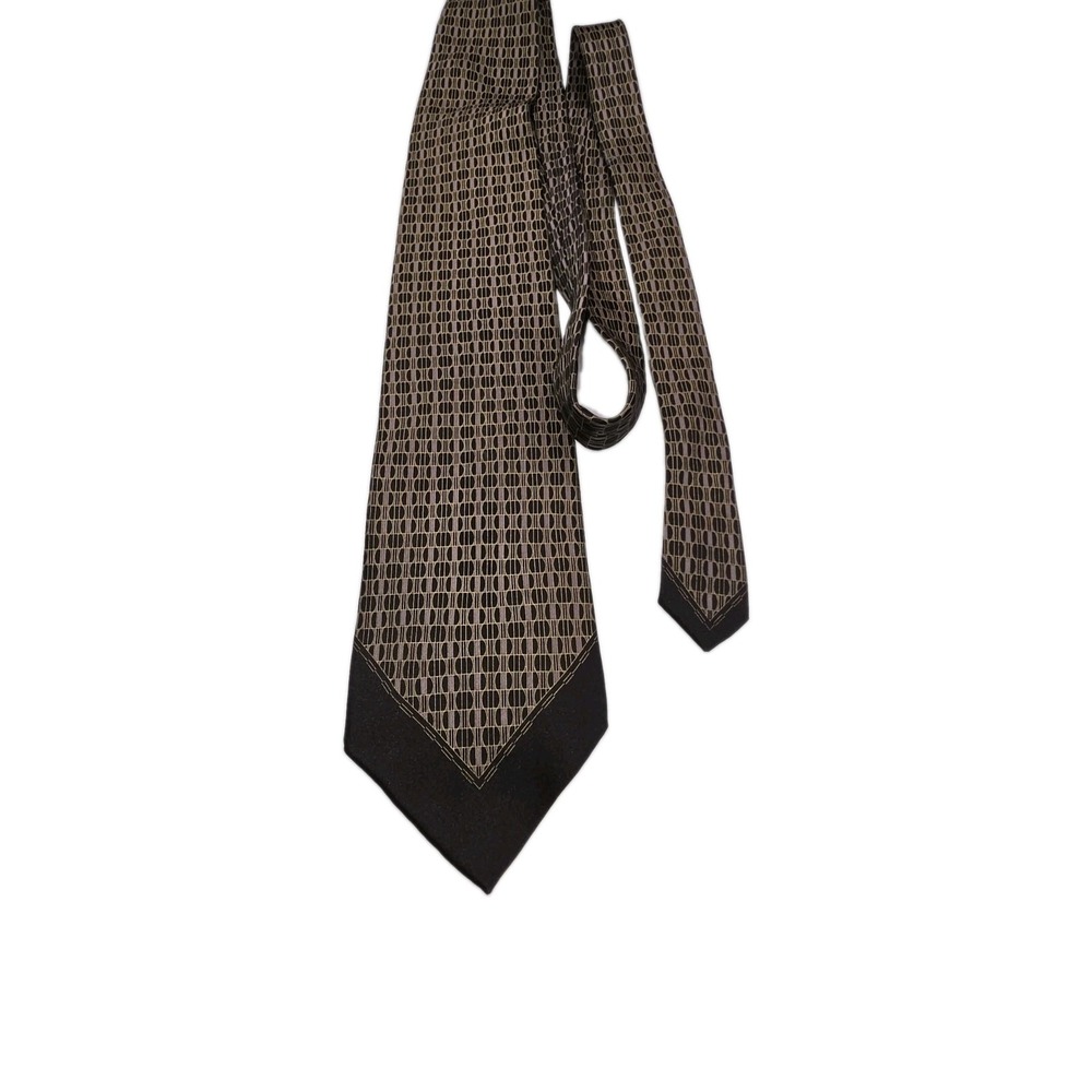 J.Ferrar Italy Men’s Black Tan Geometric Taffeta 100% Silk Necktie Pre-owned